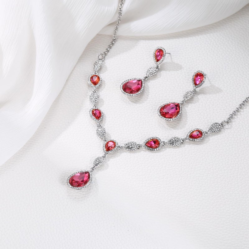 EleQueen Women's Cubic Zirconia Teardrop Y-Necklaces Dangle Earrings Sets for Brides Bridesmaids Pink Clear-Tone - Image 3